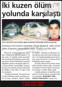 Trafik Kazasında Kuzenler Öldü-17 Eylül 2006-Milliyet/Cousins Killed in a Traffic Accident — 17 September 2006 — Milliyet