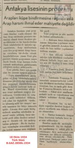 Antakya Lisesi Ders Programı-18 Ekim 1934-Türk Sözü/Antakya High School Class Schedule — 18 October 1934 — Türk Sözü