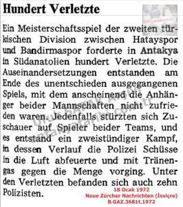 Hatay-Bandırma Maçında 100 Yaralı-18 Ocak 1972-Neue Zürcher Nachrichten (İsviçre)/100 Injured in the Hatay–Bandırma Match – 18 January 1972