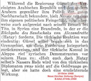 Hatay Meselesi ve Nasır’ın Konuşması-19 Ekim 1960-Neue Zürcher Zeitung (İsviçre)/Hatay Issue and Nasser’s Speech – 19 October 1960