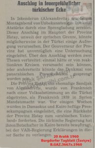 İskenderun’da Atatürk Anıtı Bombalandı-20 Aralık 1960 Burgdorfer Tagblatt (İsviçre)/Atatürk Monument Bombed in Iskenderun – 20 December 1960