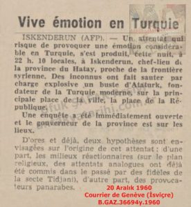 İskenderun’da Atatürk Anıtı Bombalandı-20 Aralık 1960-Courrier de Genève (İsviçre)/Atatürk Monument Bombed in Iskenderun – 20 December 1960