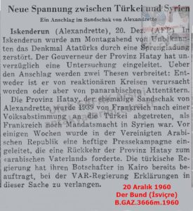 İskenderun’da Atatürk Anıtı Bombalandı-20 Aralık 1960-Der Bund (İsviçre)/Atatürk Monument Bombed in Iskenderun – 20 December 1960