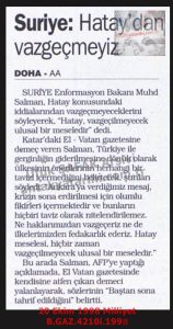 Suriyeli Bakan: Hatay’dan Vazgeçmeyiz-20 Ekim 1998-Milliyet/Syrian Minister: We Will Not Give Up on Hatay – 20 October 1998 – Milliyet