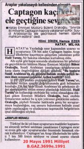 Hatay’da Captagon Kaçakçılığı-20 Mayıs 1991-Milliyet/Captagon Smuggling in Hatay – 20 May 1991 – Milliyet