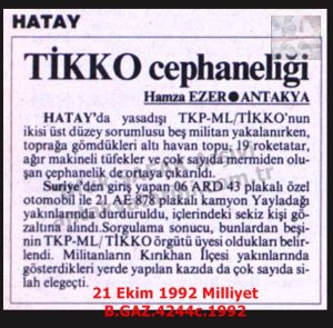 Hatay’da Sol Örgüt Cephaneliği-21 Ekim 1992-Milliyet/A Large Number of Weapons Seized in Hatay-21 October 1992 Milliyet