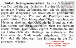 Dörtyol Hapishanesinde İsyan-22 Ekim 1965-Berner Tagwacht (İsviçre)/Prison Riot in Dörtyol — 22 October 1965