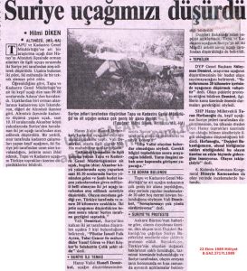 Suriye Türkiye’nin Uçağını Düşürdü-22 Ekim 1989-Milliyet/Syria Shot Down Turkey’s Plane – 22 October 1989