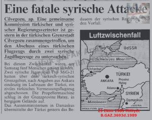 Suriye’nin Düşürdüğü Türk Uçağı-23 Ekim 1989-(Der Bund (İsviçre)/Syrian Downing of a Turkish Aircraft – 23 October 1989