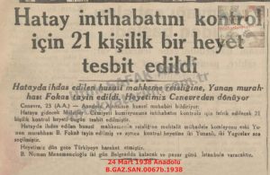 Hatay Seçim Komisyonu Belirlendi-24 Mart 1938-Anadolu/Hatay Election Commission Determined — 24 March 1938 — Anadolu