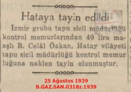 Celal Özkan’ın Hatay’a Tayini-25 Ağustos 1939-Anadolu/Appointment of Celal Özkan to Hatay – 25 August 1939 – Anadolu