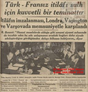 Türk-Fransız Anlaşması-25 Haziran 1939-Akşam/The Turkish-French Agreement – 25 June 1939-Akşam