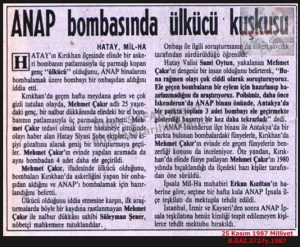 ANAP Binasının Bombalanmasında Ülkücü Kuşkusu-25 Kasım 1987-Milliyet/“Did Ultra-Nationalists Bomb the ANAP Building?” — 25 November 1987