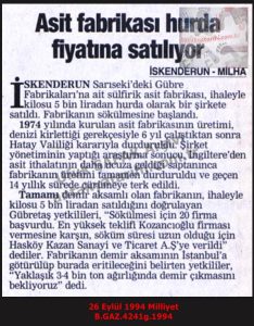 Asit Fabrikası Hurda Fiyatına Satılıyor-26 Eylül 1994-Milliyet/Acid Factory Being Sold for Scrap Value – 26 September 1994 – Milliyet