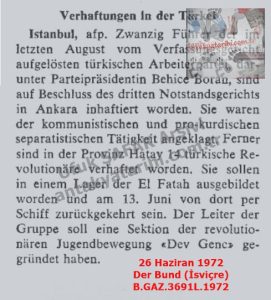 Hatay’da “Dev-Genç”liler Tutuklandı-26 Haziran 1972-Der Bund (İsviçre)/Dev-Genç Members Arrested in Hatay — 26 June 1972
