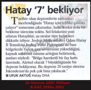 Hatay’da 7 Şiddetinde Deprem Bekleniyor-26 Haziran 2001-Milliyet/Magnitude 7 Earthquake Expected in Hatay – 26 June 2001 – Milliyet