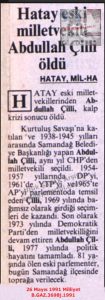Abdullah Cilli Vefat Etti-26 Mayıs 1991-Milliyet/Abdullah Cilli Passed Away – 26 May 1991 – Milliyet