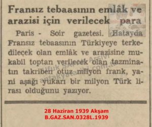 Türkiye’nin Hatay’ın İlhakı İçin Fransızlara Ödeyeceği Tazminat-28 Haziran 1939-Akşam/“Compensation to Be Paid by Turkey to the French for the Annexation of Hatay” — 28 June 1939 — Akşam
