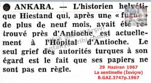 Hiestand Antakya Hastanesinde-29 Haziran 1967-La sentinelle (İsvçre)/Hiestand in Antakya Hospital – 29 July 1967