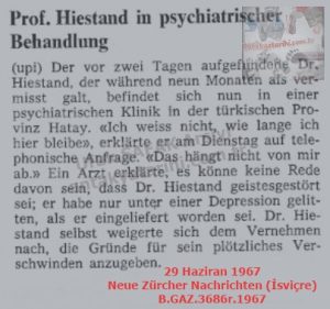 Profesör Hiestand-29 Haziran 1967-Neue Zürcher Nachrichten (İsviçre)/Professor Hiestand Found in Hatay — 29 June 1967