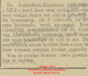 1. Dünya Savaşı İskenderun Cephesi-İskenderun’da Düşürülern Uçak-3 Mayıs 1915 Vlaamsche Nieuws Gazetesi/“De Oorlog – Alexandrette – Neergeschoten vliegtuig – 3 Mei 1915 – Vlaamsche Nieuws”