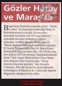 Hatay ve Maraş’ta Deprem Bekleniyor-3 Mayıs 2003-Milliyet/Expected Earthquake in Hatay and Maraş – 3 May 2003 – Milliyet