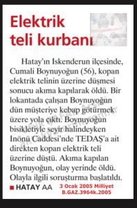 Kopan Elektrik Telinden Öldü-2 Ocak 2005-Milliyet/Killed by a Snapped Electrical Wire — 2 January 2005 — Milliyet
