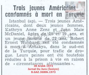 Türkiye’de Üç Genç Amerikalı Ölüm Cezasına Çarptırıldı (Antakya Üçlüsü)-30 Aralık 1973-Jurnal Du Jura (İsviçre)/Three Young Americans Sentenced to Death in Turkey – 30 December 1973