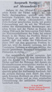 Suriye’nin İskenderun Üzerindeki Hak İddiası-31 Ocak 1947 Neue Zürcher Zeitung (İsviçre)/Syrian Claim to Alexandretta – 31 January 1947