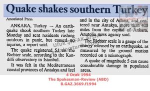 Deprem Güney Türkiye’yi Sarstı-4 Ocak 1994 The Spokesman-Review (ABD)/Quake shakes southern Turkey 4 January 1994