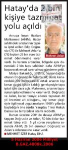 Hatay’da 2000 Kişiye Tazminat Hakkı Doğdu-5 Haziran 2006-Milliyet/Compensation Rights Granted to 2,000 People in Hatay — 5 June 2006 — Milliyet