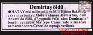 Abdurrahman DEMİRTAŞ Vefat Etti-5 Nisan 1991-Milliyet/Abdurrahman DEMİRTAŞ Passed Away – 5 April 1991