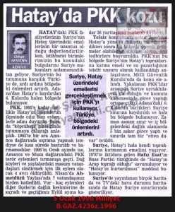 Hatay’da PKK Kozu-5 Ocak 1996-Milliyet/The PKK Card in Hatay – 5 January 1996 – Milliyet