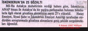 İskenderun’da 25 Gözaltı-6 Kasım 1987-Milliyet/25 People Detained in İskenderun — 6 November 1987