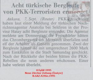 Hatay’da 8 Madenci Öldürüldü-8 Eylül 1995-Neue Zürcher Zeitung (İsviçre)/8 Miners Killed in Hatay — 8 September 1995