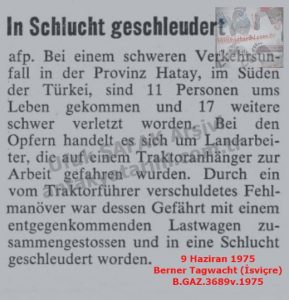 Hatay’daki Trafik Kazasında 11 Kişi Öldü-9 Haziran 1975-Berner Tagwacht (İsviçre)/Hatay Traffic Accident Leaves 11 Dead — 9 June 1975