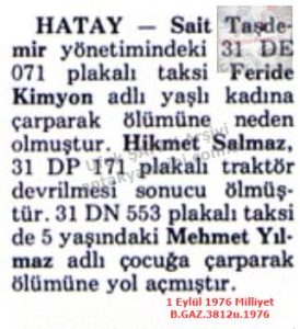 Hatay’da Trafik Kazaları-1 Eylül 1976-Milliyet/Traffic Accidents in Hatay — 1 September 1976