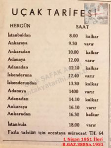 İskenderun Uçak Seferleri Tarifesi-1 Nisan 1951-İleri/İskenderun Flight Schedule — 1 April 1951