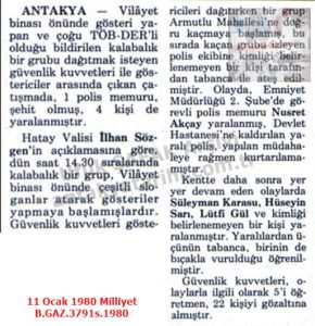 Antakya’da Gösteriler Sırasında Bir Polis Öldürüldü-11 Ocak 1980-Milliyet/