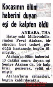 Hatay Eski Milletvekili Fevzi Atahan ve Eşi Seniye Atahan Vefat Etti-14 Ocak 1976-Milliyet/Hatay Former Member of Parliament Fevzi Atahan and His Wife Seniye Atahan Passed Away — 14 January 1976