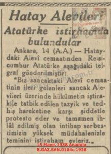 Hatay Alevilerinin Atatürk’e Mektubu-15 Mayıs 1938-Anadolu/Letter from the Alawites of Hatay to Atatürk – 15 May 1938