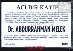 Dr. Abdurrahman MELEK’in Vefatı-15 Ocak 1978 ve 17 Ocak 1978-Milliyet/Death of Dr. Abdurrahman Melek — 15 January 1978 and 17 January 1978