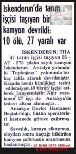 Trafik Kazasında 10 Tarım İşçisi Öldü-16 Eylül 1975-Milliyet/10 Agricultural Workers Killed in a Traffic Accident — 16 September 1975
