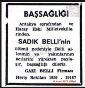 Eski Hatay Milletvekili Sadık BELLİ Vefat Etti-16 Kasım 1972-Milliyet/Former Hatay Member of Parliament Sadık Belli Passed Away – 16 November 197