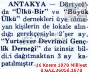 Dörtyol’da Bazı Derneklere Kapatma Cezası Verildi-16 Kasım 1978-Milliyet/Some Associations in Dörtyol Were Ordered Closed — 16 November 1978.
