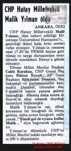 Hatay Millet Vekili Malik YALMAN Vefat Etti-16 Nisan 1980-Milliyet/Hatay MP Malik YALMAN Passed Away — 16 April 1980