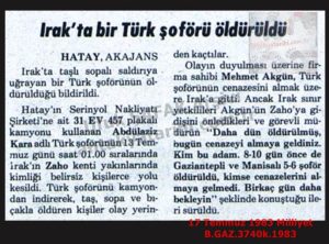 Irakta Samandağı’lı Şoför Öldürüldü-17 ve 23 Temmuz 1983-Miliyet/A Driver from Samandağ Was Killed in Iraq – 17 and 23 July 1983