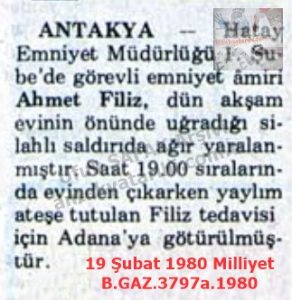 Antakya’da Bir Polis Silahlı Saldırıya Uğradı-19 Şubat 1980-Milliyet/Antakya Police Officer Attacked by Gunmen — 19 February 1980