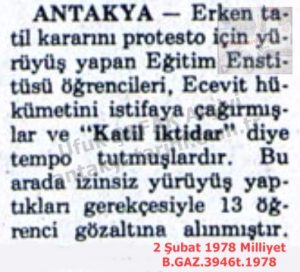 Antakya’da Yürüyüş ve Gözaltılar-2 Şubat 1978-Milliyet/March and Detentions in Antakya – 2 February 1978