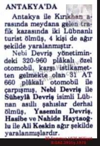 Trafik Kazasında 2 Lübnanlı Öldü-20 Temmuz 1976 Milliyet/Two Lebanese Citizens Killed in a Traffic Accident – 20 July 1976